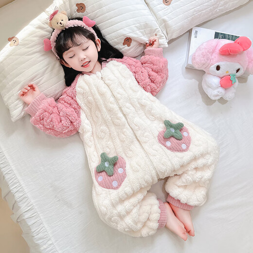 Kexin baby baby sleeping bag autumn and winter double-layer thickened flannel children's one-piece pajamas coral velvet baby anti-kicking quilt crawler suit pink strawberry size 90 recommended for 1-2 years old (height around 85)