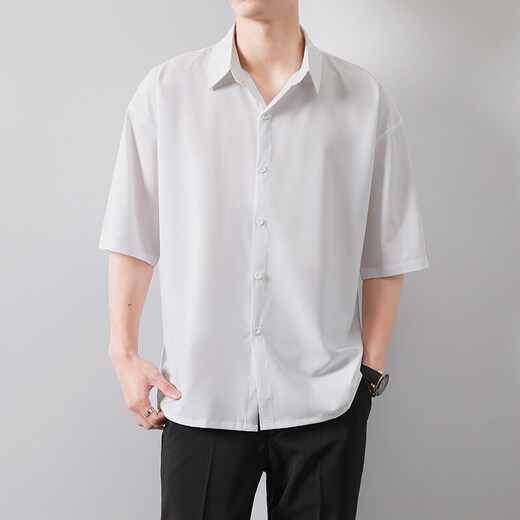 歌朴伟 短袖衬衫男夏季冰丝薄款宽松垂感休闲五分半袖衬衣服 黑色(短袖衬衫) XL(建议115-150斤)
