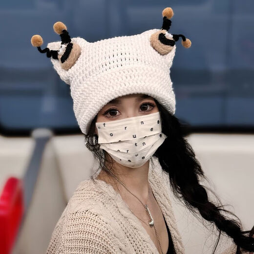 雉乔韩版2024年新款可爱公仔毛线帽女保暖针织帽子大头围显脸小猫耳帽 MZZ693-1 均码（帽围56-58cm）