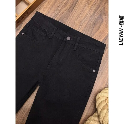 Lieyan European Station Trendy Brand Jeans Herbst und Winter plus Fleece verdickte hochwertige leichte luxuriöse schlanke Füße elastische Freizeithosen 9909 Schwarz plus Fleece 28 Größe [zwei Fuß und eine Taille] 90-100 Jin [Jin gleich 0,5 kg]