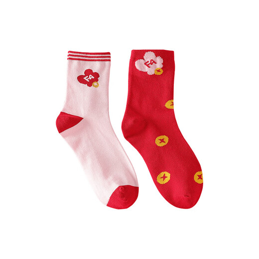 红豆儿童袜子男女童本命年红色新年四季棉袜中筒袜2双装W5010 24-26cm