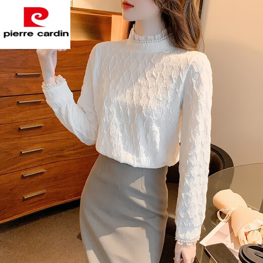 Pierre Cardin half turtleneck lace bottoming shirt for women 2025 autumn and winter new style French style plus velvet thickened lace top, milky white plus velvet M