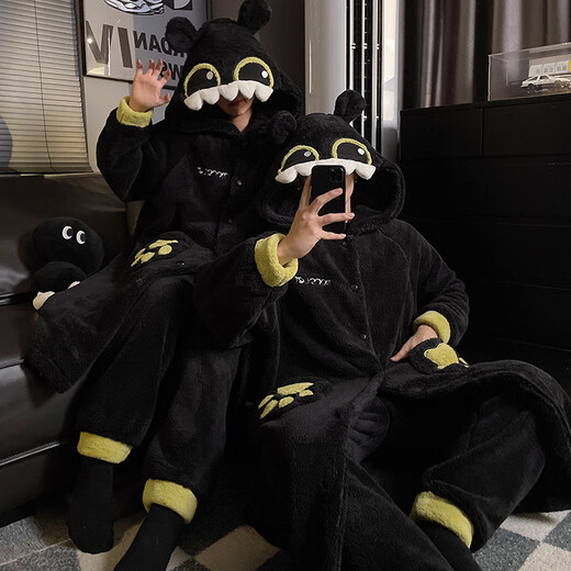 Toothless pajamas couple's pajamas women's autumn and winter coral velvet thickened flannel men's black home clothes winter nightgown + pants #66745 (girls are the wide-sleeved version) 66319 2XL male (weight 145-170