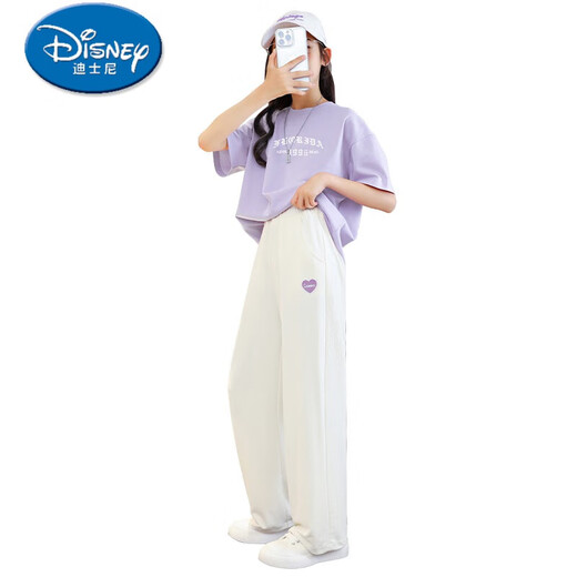 迪士尼（Disney）女童夏装套装儿童洋气2025新款大童短袖t恤长裤夏季休闲运动女孩 15025米白色+9731紫色 170 cm