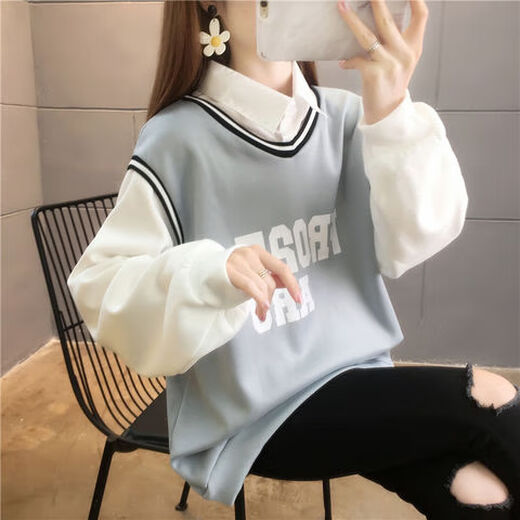 泰载潮流卫衣女小个子女生学加绒秋冬宽松众外套保暖百搭假两件套上 6169#白色【加绒加厚】 M码【建议80-100斤】