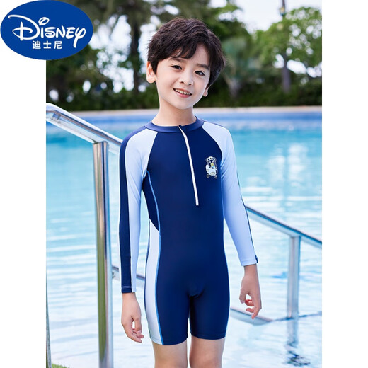 迪士尼（Disney）儿童泳衣男童连体速干防晒游泳衣2024新款小中大童3-12岁小男孩穿 藏蓝+泳帽 XL(建议身高110-120cm体重40-50