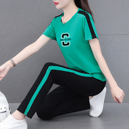 NY-EMMA sports suit for women short-sleeved summer thin high-end fashionable age-reducing cotton casual and fashionable running suit two-piece set 692 orange (trouser suit) XL (recommended 110-125 Jin [Jin equals 0.5 kg])