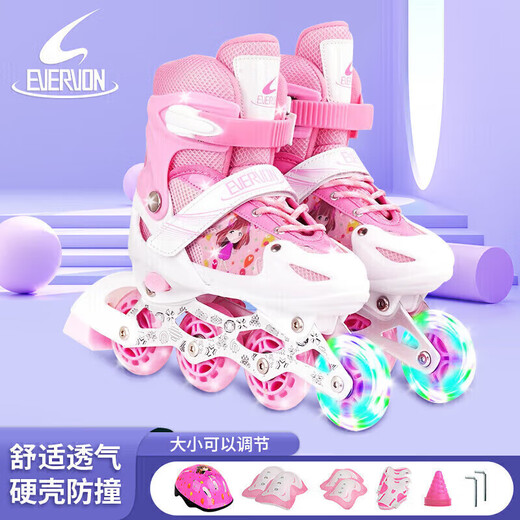 Evervon Roller Skates Children's Roller Skates für Jungen- und Mädchen-Rollschuhe KJ-337 Pink Protective Gear Helm M Größe für Größen 35-38