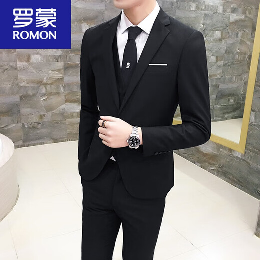 ROMON suit men's three-piece business formal suit professional suit groomsmen groomsmen wedding dress spring navy blue (suit + trousers) 2XL 130-145Jin Jin equals 0.5 kg