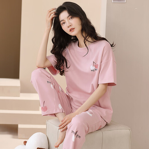 
Hongdou 2024 new pajamas for women, summer pure cotton short-sleeved trousers, spring, autumn, summer, summer thin home clothing set YS-683 XL