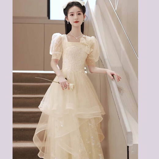 Libaixin champagne color evening dress for women 2025 new light luxury niche high-end high-end vocal music art exam host performance Champagne color M Recommended 90-100 Jin [Jin equals 0.5 kg]
