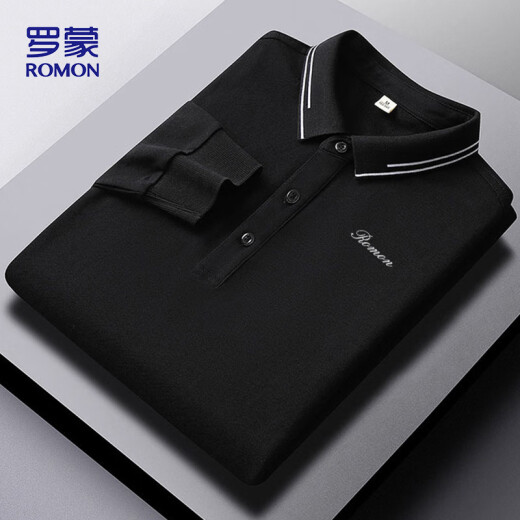 ROMON POLO shirt men's spring and autumn business comfortable long sleeve casual simple lapel breathable T-shirt top PO98 black 5XL