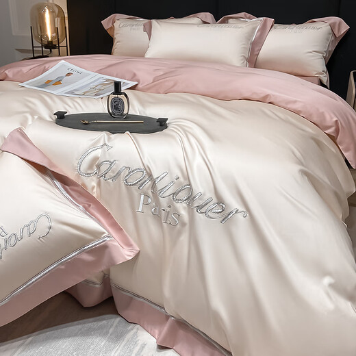 Mei Meng Mercury Light Luxury High-end Embroidery Long Waist Cotton Bed Four-Piece Set Pure Cotton 100 Quilt Cover Bed Sheet Style Bedding 4 Xiaoxiang-Milk Tea White with Amethyst Powder [Class A Mother and Baby 1.8m Fitting Style [Quiet Cover Size 2.0*2.3]