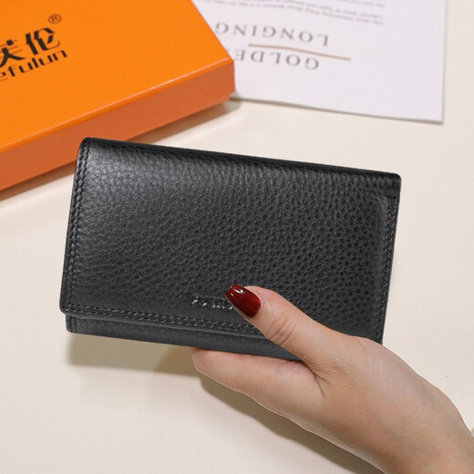 丝芙伦2026新款纯牛皮好用折叠中短款钱包简约休闲真皮大容量多卡位卡包 黑色
