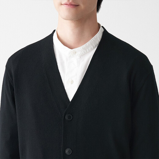 无印良品 MUJI 男式 美利奴羊毛可水洗V领开衫长袖针织衫男士毛衣冬季男款 黑色 L (175/100A)