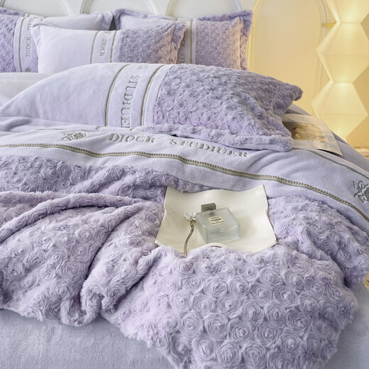 Mercury Series French Winter Warm Milk Velvet Four-piece Set Princess Style Rabbit Plush Quilt Cover Coral Velvet Sheets Style Bedding Non-static Milk Velvet-Purple 1.8m Sheet Style Four-piece Quilt Cover 200x230cm