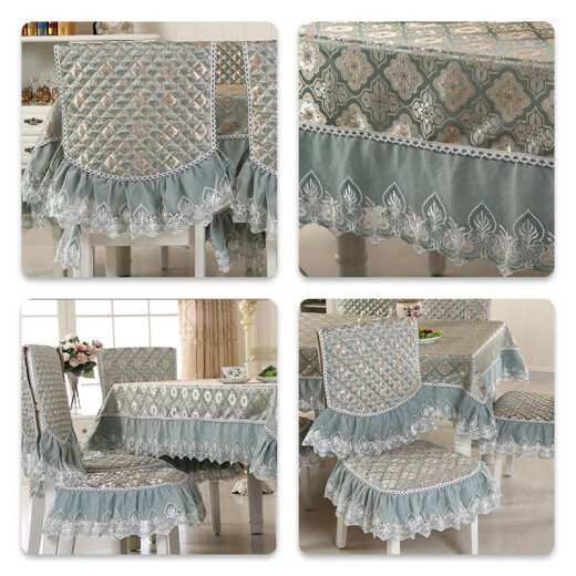 Miaozhan dining chair tablecloth cover set tablecloth waterproof and oil-proof rectangular European classical lace flower full moon chair cover blue and green