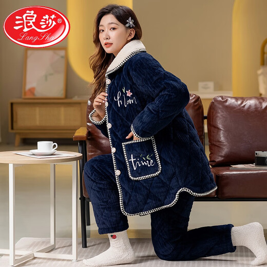 Langsha Pyjamas für Frauen im Winter verdickte Korallenmerze dreischichtige Baumwolle warme Frühlings- und Herbst-Flanell-Frauen-Kleidungsstückset H10 R9858-1 Red M 80-Jin [Jin entspricht 0,5 kg]