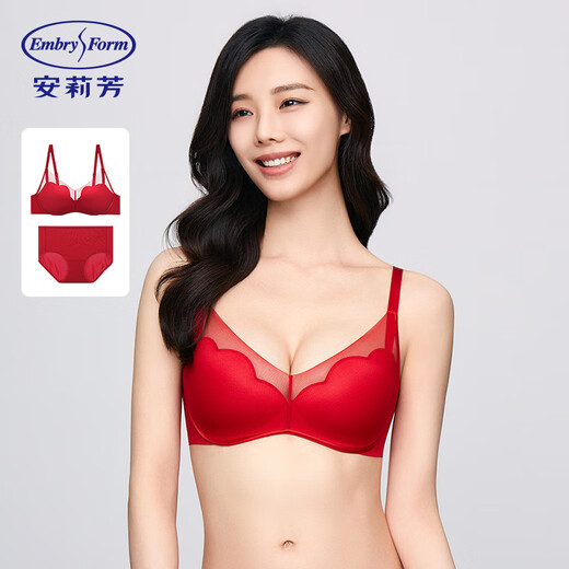 Embry Song Yi's same style rose comfort cup set, small breast push-up bra, no wire underwear for women New Year's gift, all the way flower set - red RED 70B