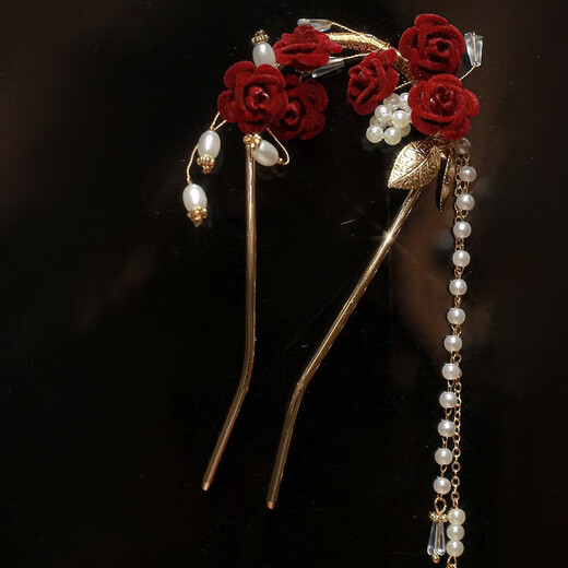 Mengkeduo Red Rose Tassel Hairpin New Chinese Style Ancient Style U-shaped Hairpin Bridal Toast Wear Hairpin High-end Hair Accessory Red Rose Tassel Hairpin Gold