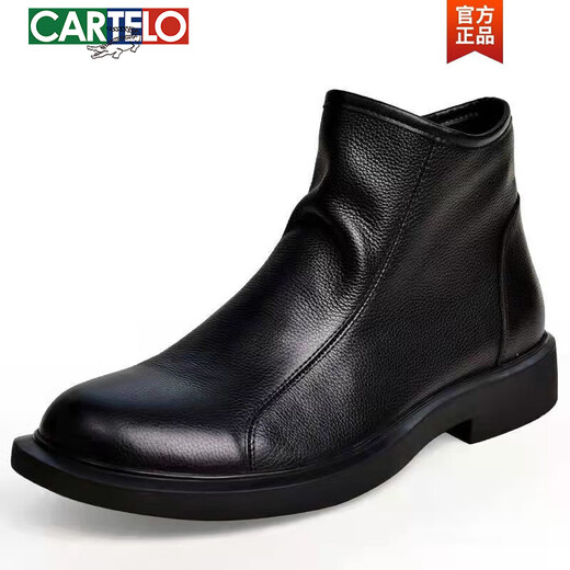CARTELO Winter Men's Shoes Leather Shoes Chelsea Boots Men's High Top Casual Shoes Winter Plus Fleece Warm Boots Leather Martin Boots Cotton Shoes Black 42