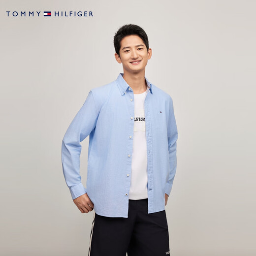 TOMMY HILFIGER【弹力牛津纺】男女经典商务通勤休闲易打理挺括长袖衬衣衬衫外套 【小绣标纯色衬衫】-天蓝色VP8 XL （推荐：165-180斤）