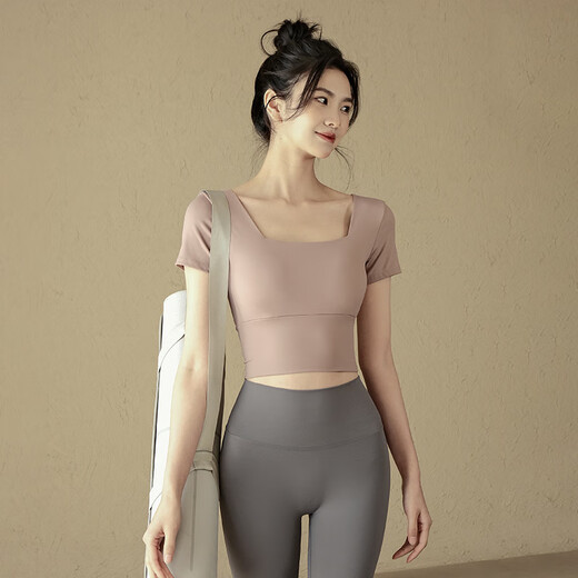 Bo Naling Yoga Wear Short Sleeve Women's Summer Pilates Fitness Top Slim Fit Sports Belt Padded Yoga Wear Square Neck Yoga Short Sleeve Pink M