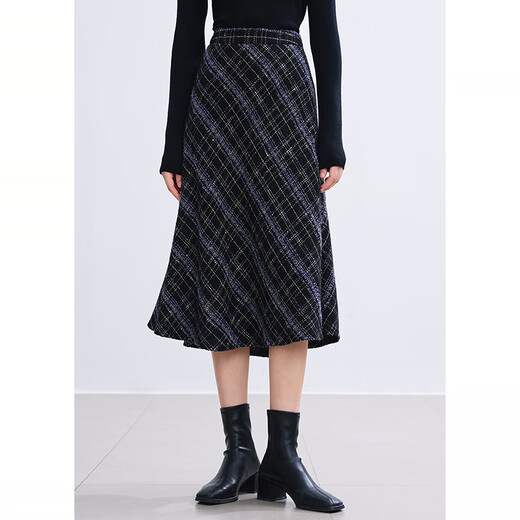 Betu women's winter new skirt high waist small fragrant style yarn-dyed plaid skirt women 2411T72 purple plaid S