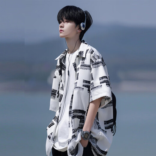 Baiqueting kurzärmelige Hemdjacke für Männer im Sommer New Ice Silk Cool Hemd Herrenmodik Lose Casual Jacke für Männer weißer Anzug [weißes T-Shirt + weißes Hemd] XL