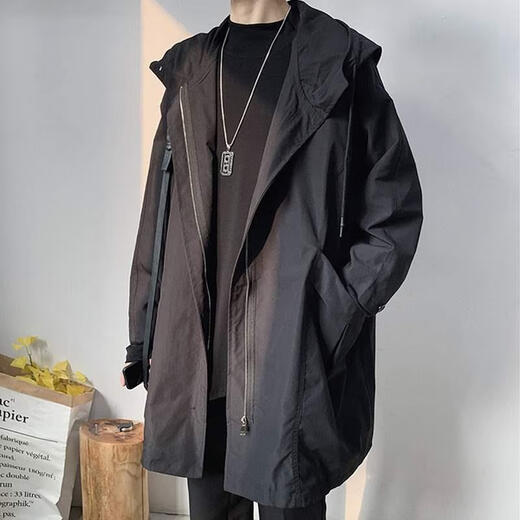 EJOT韩版披风衣男中长款春秋季大衣服连帽潮流帅气潮牌学生斗篷外套男 黑色 2XL