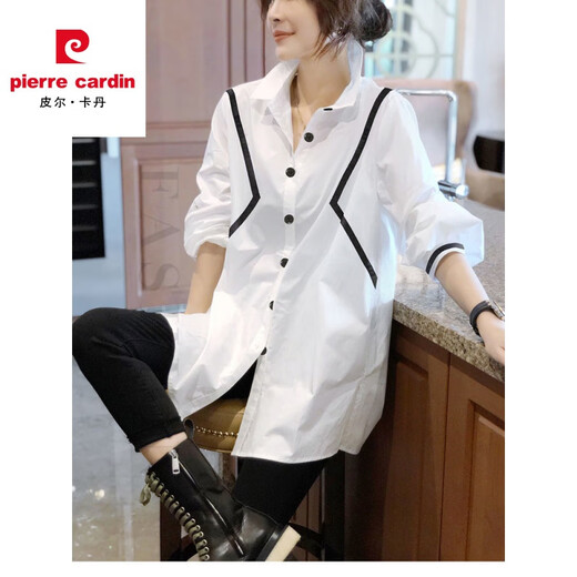Pier Cardin casual shirt for women 2023 Spring and Autumn New European products white medium length loose slim long sleeve design stripes splicing pure white 6215# S [Suggested within 105]