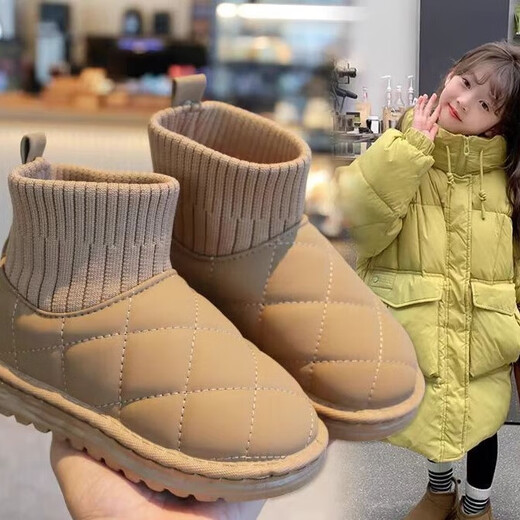 Muni children's velvet snow boots, stylish socks, short boots, bread shoes, 2025 winter new style, warm large cotton shoes for boys and girls, velvet thickened socks boots, khaki color, size 32, inner length 20cm