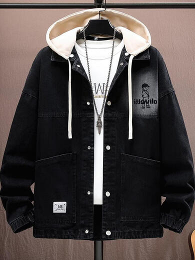 Pilo Gordon Biluogede Jacket de mezclilla para adolescentes para niños en primavera, otoño e invierno Nuevo estilo, además de los estudiantes de secundaria en el terciopelo, la chaqueta suelta tendencia de ropa para hombres 9855 negro [más estilo de terciopelo] M (90-100Jin [Jin equivale a aproximadamente 0.5 kg])
