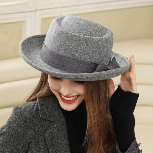 Zunti hat women's autumn and winter wool woolen hat rolled edge flat top retro bow British versatile casual fashion hat gray one size