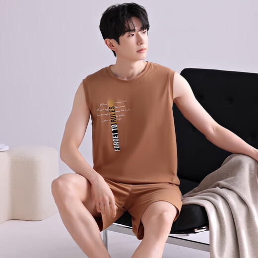 莫代尔睡衣男士夏季薄款纯棉无袖背心短裤套装夏天男款青年可外穿家居服 4867 2XL