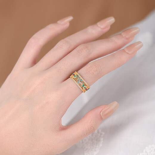 Luotai old silversmith 9999 pure silver enamel ring women's style Chinese style light luxury high-end gold phoenix feather feather ring enamel ring (adjustment range 10-16#)
