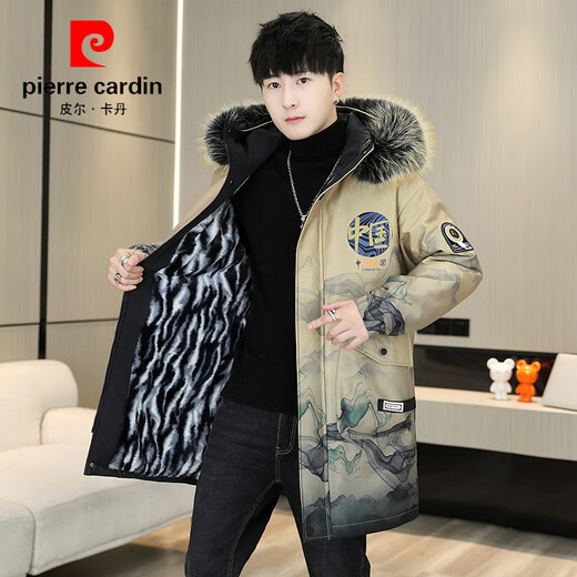 皮尔卡丹（pierre cardin）冬季男士风衣中长款加绒加厚连帽夹克潮流休闲帅气高级感棉衣外套 卡其色 M 90-110斤