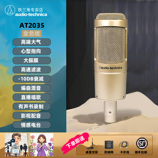 Audio-Technica AT2035 professional condenser microphone, computer live broadcast of karaoke, dubbing, audio book, voice hall professional recording microphone AT2035+Midi studio2, free 1v1 tuning