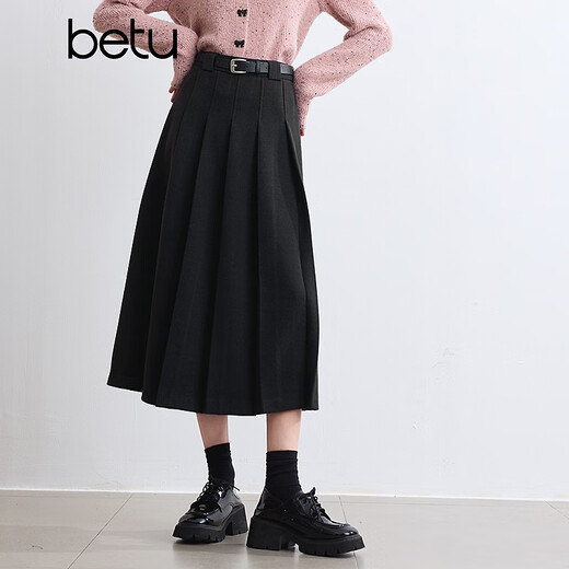Betu women's winter new skirt accordion fold design with belt A-type skirt for women 2410T75 dark gray M