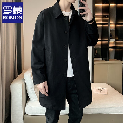 罗蒙（ROMON）春秋季新款翻领纯棉风衣男士中长款简约宽松百搭外套潮流青年大衣 黑色 3XL