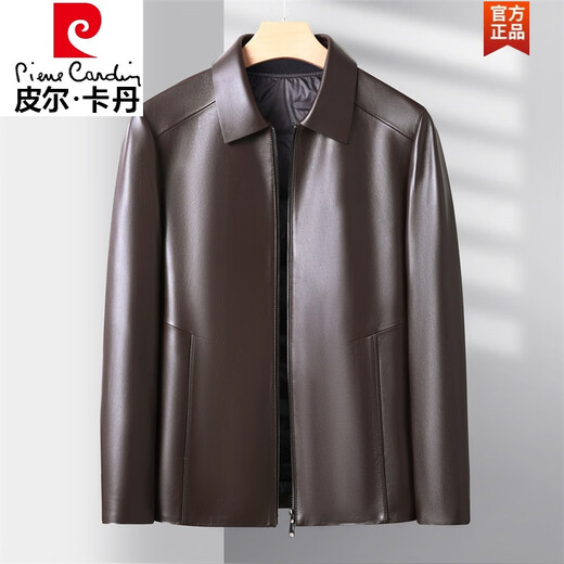 Pierre Cardin Haining removable lining down genuine leather jacket winter middle-aged men's lapel zipper sheepskin casual jacket black 2XL 185