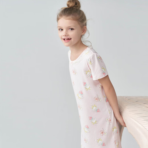 Aimer kids爱慕儿童睡衣女童奶皮小兔摘草莓女孩短袖睡裙AK144B692 粉红粉底小兔满印 90