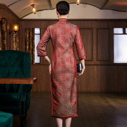 Xiyue 2025 Autumn Chinese Style Traditional Song Jinmulberry Silk Handmade Flower Button Cheongsam Dress High-end Banquet Dress New Year Red XL (Weight 115~125)