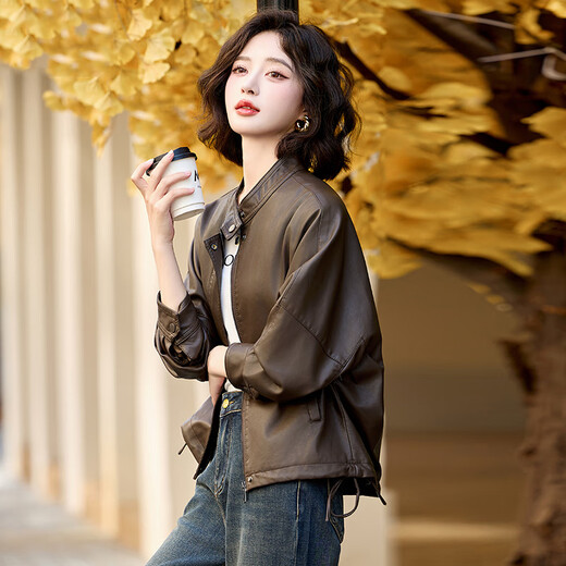 佰蓝娇美拉德皮衣外套女2025春秋新款短款宽松休闲复古PU皮机车夹克上衣 咖啡色 L （建议116-129斤）