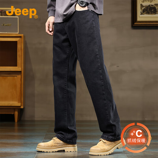 JEEP Jeep plus velvet thickened high-end jeans for men 2025 autumn and winter new loose straight casual wide-leg long pants for men