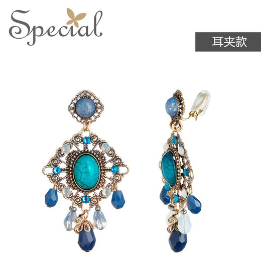 Special European and American retro fashion jewelry non-pierced ear clips women's earrings temperament tassel sweeping shoulders blue non-pierced ear clips
