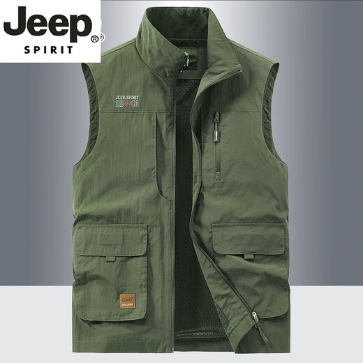 JEEP SPIRIT吉普轻奢马甲男士宽松背心春秋休闲工装多袋钓鱼马夹爸爸装外套 深蓝色【双面穿】 （加-绒-款） XXS 2XL 建议145-160斤