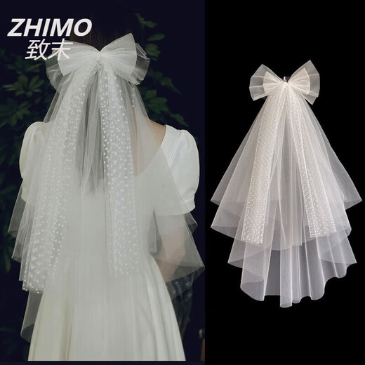 ZHIMO Proposal Veil Registration Small Simple Bride Main Wedding Dress Bow French White E Style Three Pieces Floating Nail Beads Plain Gauze 60cm-80cm