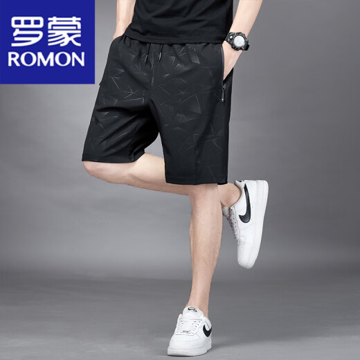 罗蒙（ROMON）五分裤男士夏季冰丝薄款速干透气休闲宽松加大码运动短裤沙滩裤子 7029黑色 2XL 140-155斤