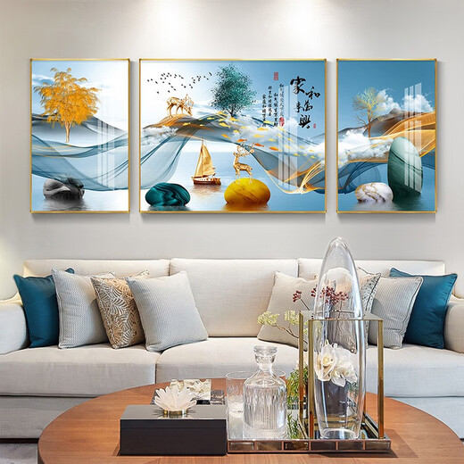 Mo Painting Lulin Modern Simple Living Room Decoration Painting New Chinese Sofa Background Wall Mural Landscape Painting Hall Triangle Landscape Painting 2-Home Harmony All-in-One 12107 Mirror Crystal Porcelain Middle 100*70 Side 50*70 Gold Frame